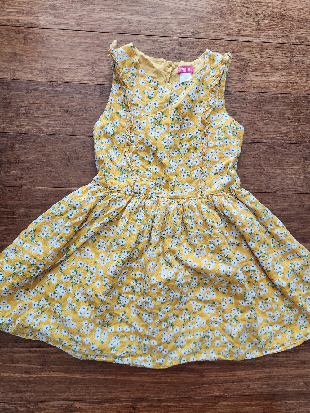 Zunie Girl Girls Sleeveless Yellow Floral Ruffle-Trim Dress, Size Large 10/12